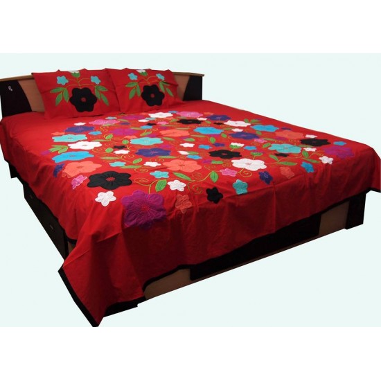 Embroidered Applique Bed Cover with two pillow cover