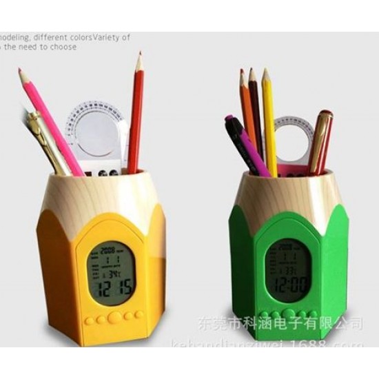 Multi Function Charming Pencil Shaped Tip Pen Holder With Calendar And Electronic Alarm Clock