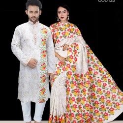 Screen Print Saree and Punjabi Couple Set
