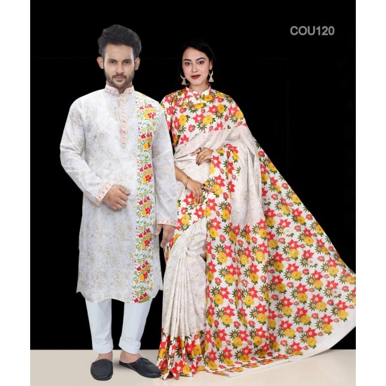 Screen Print Saree and Punjabi Couple Set