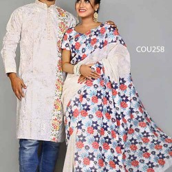 Screen Print Saree and Punjabi Couple Set