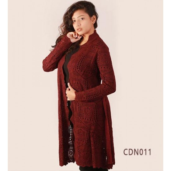 Women Maroon Self Design Longline Front-Open Sweater DM-509