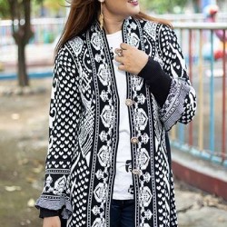 Women Black & White Front Open Nungor Design Sweater DM-521