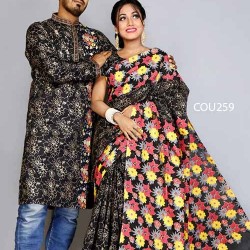 Screen Print Saree and Punjabi Couple Set