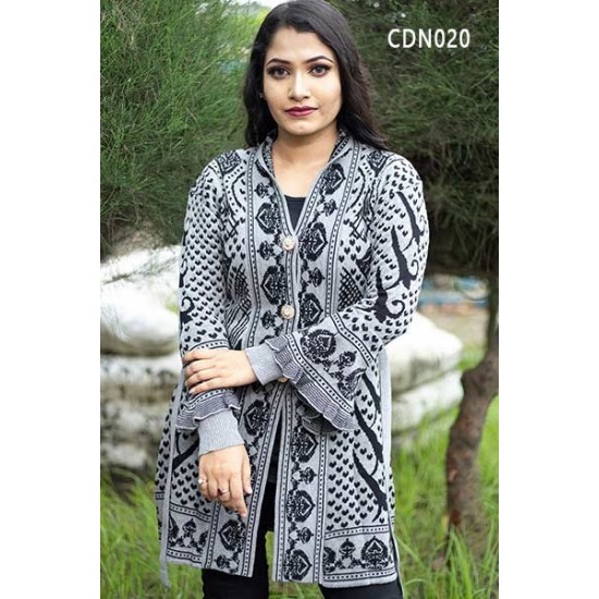 Women Black & Grey Front Open Nungor Design Sweater DM-520