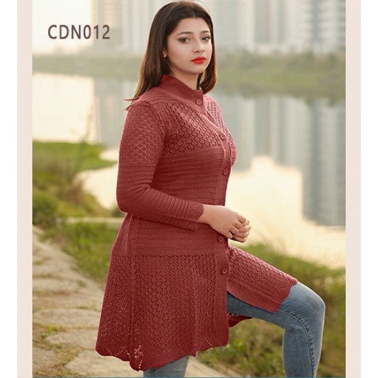 Women Maroon Jacquard Fashion Design Front-Open Sweater DM-510
