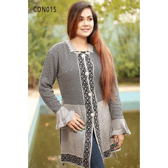 Women Black & Grey Self Design Front Open Creative Design Sweater DM-516
