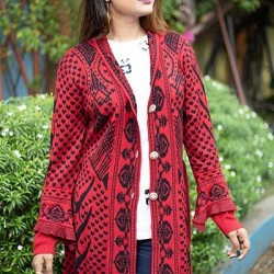 Women Black & Maroon Front Open Nungor Design Sweater DM-519