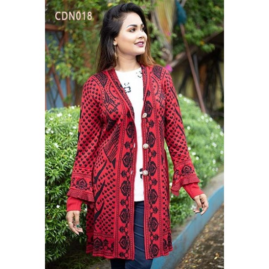 Women Black & Maroon Front Open Nungor Design Sweater DM-519