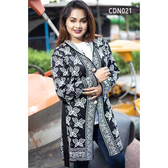 Women Black & Grey Front Open Nungor Design Sweater DM-522