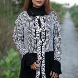 Women Black & White Self Design Front Open Creative Design Sweater DM-517