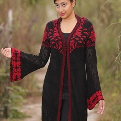 Women Black & Red Open Knit Fringed Front-Open Sweater