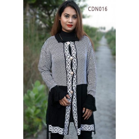 Women Black & White Self Design Front Open Creative Design Sweater