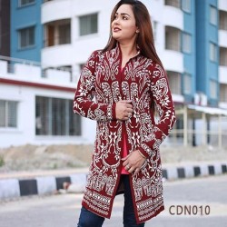 Women Maroon & White Self Design Cardigan
