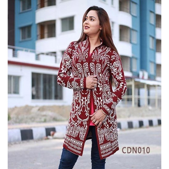 Women Maroon & White Self Design Cardigan