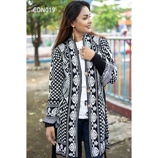 Women Black & White Front Open Nungor Design Sweater