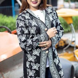 Women Black & Grey Front Open Nungor Design Sweater