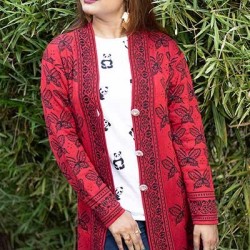 Women Black & Maroon Front Open Butterfly Design Cardigans