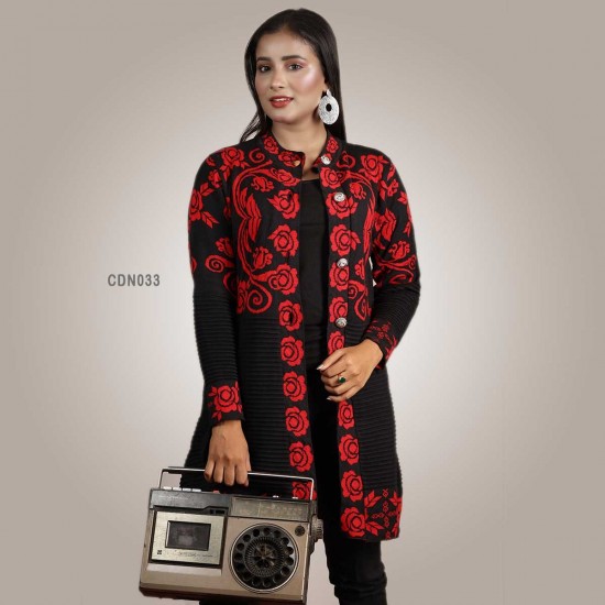 Women Black & Maroon Front Open Fashion Design Cardigan
