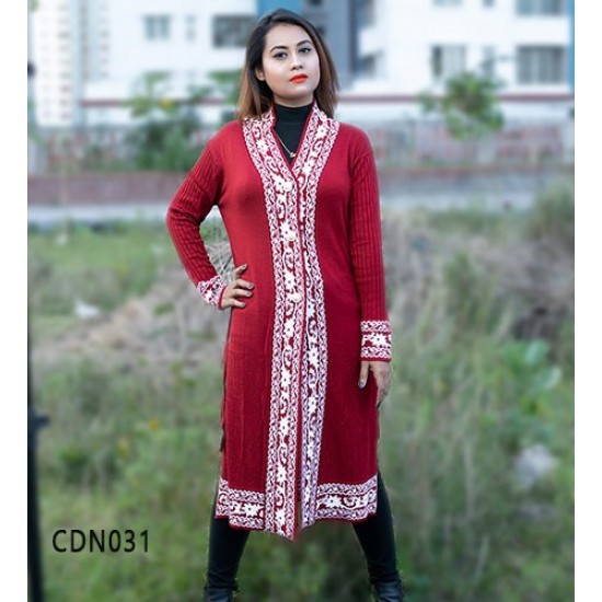 Women Maroon & White Front Open Fashion Design Full Long Cardigans