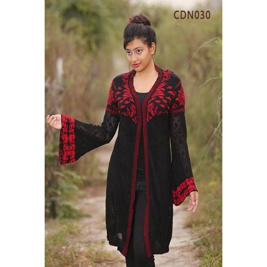 Women Black & Red Open Knit Fringed Front-Open Sweater