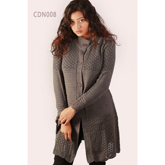 Women Grey Jacquard Fashion Design Front-Open Sweater