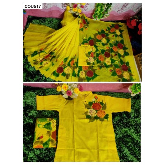Couple Hand Paint Half Silk Saree and Dhupian Silk Punjabi