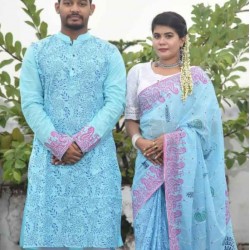 Couple Block Print Cota Saree and Slab Cotton Punjabi