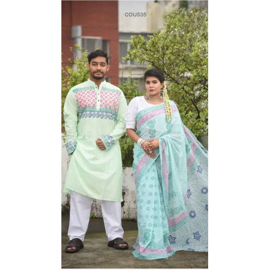 Couple Block Print Cota Saree and Slab Cotton Punjabi