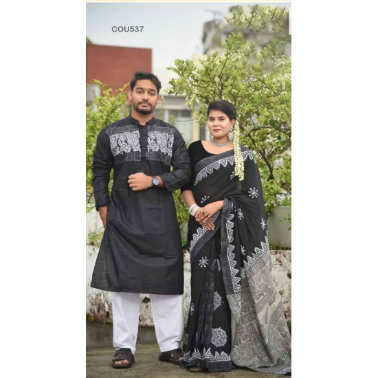 Couple Block Print Cota Saree and Slab Cotton Punjabi