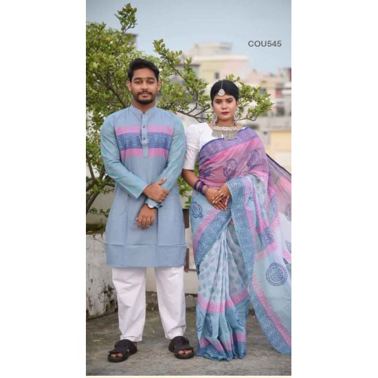 Couple Block Print Cota Saree and Slab Cotton Punjabi