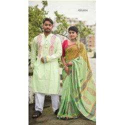 Couple Block Print Cota Saree and Slab Cotton Punjabi