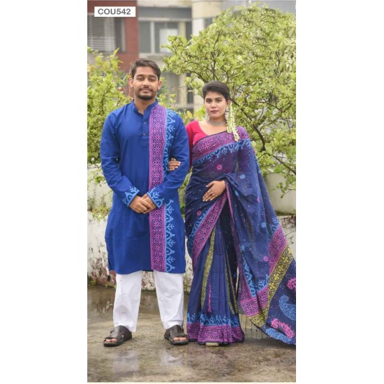 Couple Block Print Cota Saree and Slab Cotton Punjabi