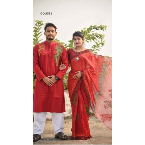Couple Block Print Cota Saree and Slab Cotton Punjabi