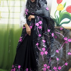 Half Silk Hand Paint Saree For Women