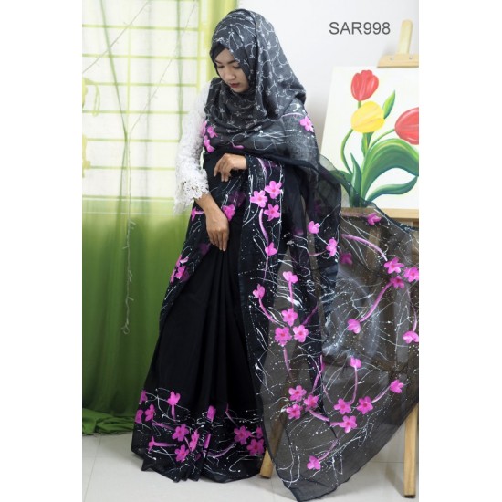Half Silk Hand Paint Saree For Women