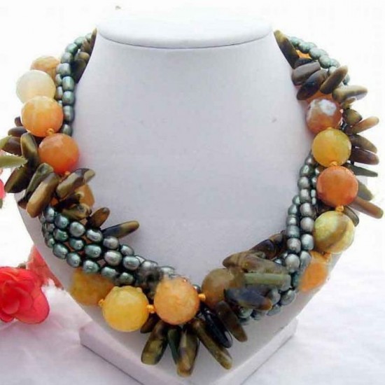 Strands Pearl Onyx Opal Agate Necklace
